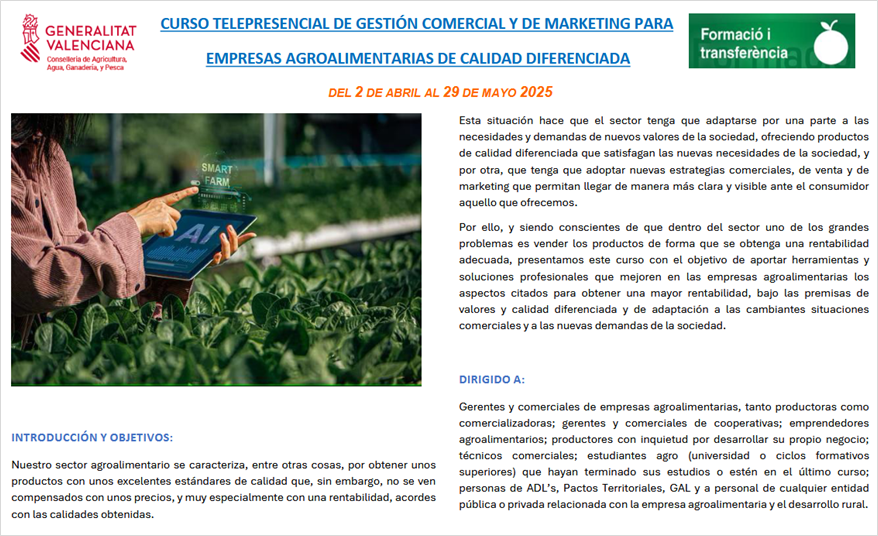  CURSO TELEPRESENCIAL DE GESTIÓN COMERCIAL Y DE MARKETING PARA EMPRESAS AGROALIMENTARIAS DE CALIDAD DIFERENCIADA (del 02.04.2025 al 29.05.2025)
